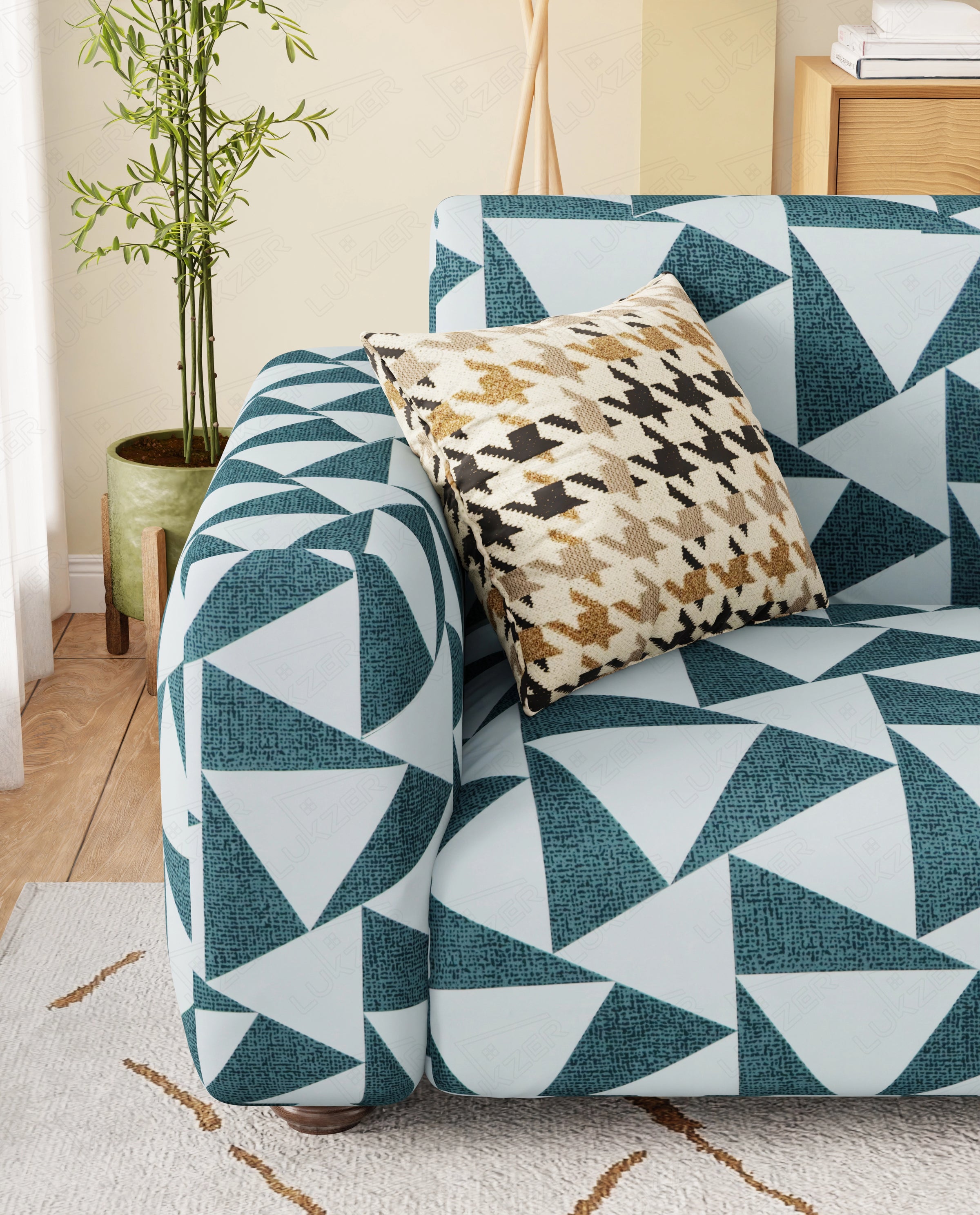 Lukzer Polyester Sofa Cover - Grey & White Triangle (SC-037-01)