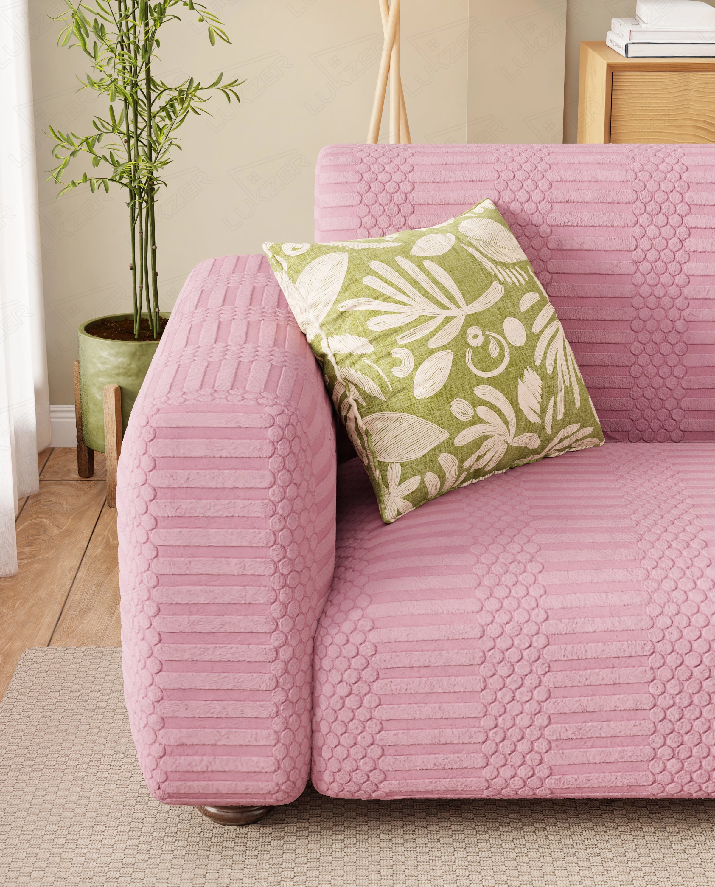 Lukzer Pastel Shades Textured Sofa Cover - Pink Dotted Stripe (SC-068-01)