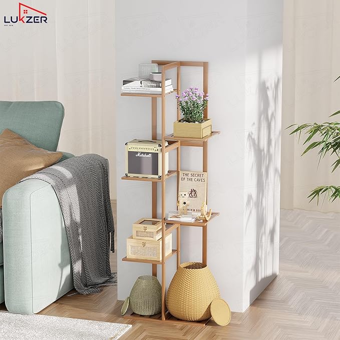 Lukzer Multipurpose Standing Shelf Rack for Kitchen Organizer | Bamboo Storage Rack for for Books, Plants, Decor &amp; More | Lightweight, Durable Organizer for Living Room, Balcony &amp; Office - (2,3,5,6 Tier)