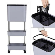 Lukzer 3-Tier Rolling Utility Cart with Trash Bin | Slim Plastic & Steel Organizer (PMR-007/Grey)