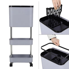 Lukzer 3-Tier Rolling Utility Cart with Trash Bin | Slim Plastic & Steel Organizer (PMR-007/Grey)