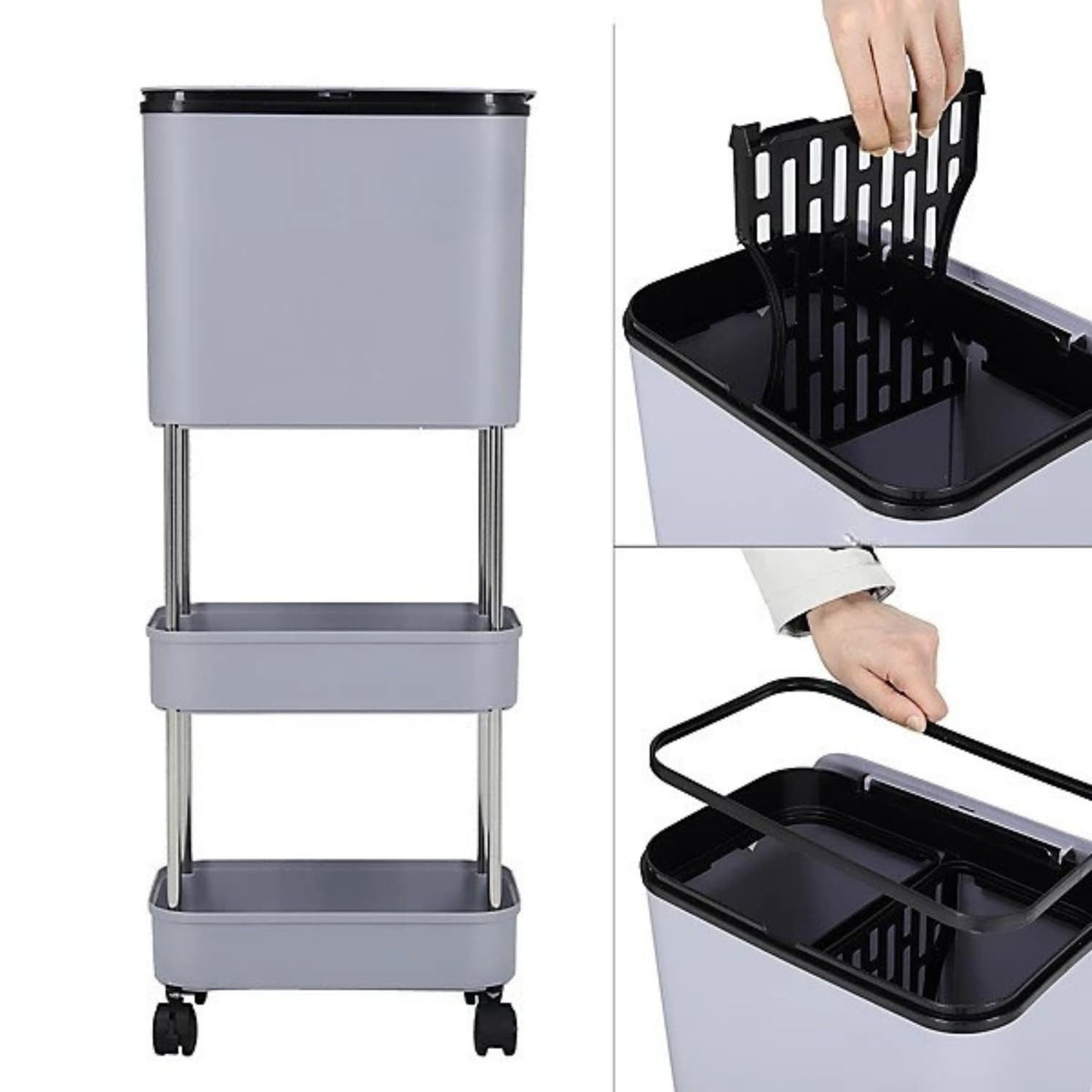 Lukzer 3-Tier Rolling Utility Cart with Trash Bin | Slim Plastic & Steel Organizer (PMR-007/Grey)