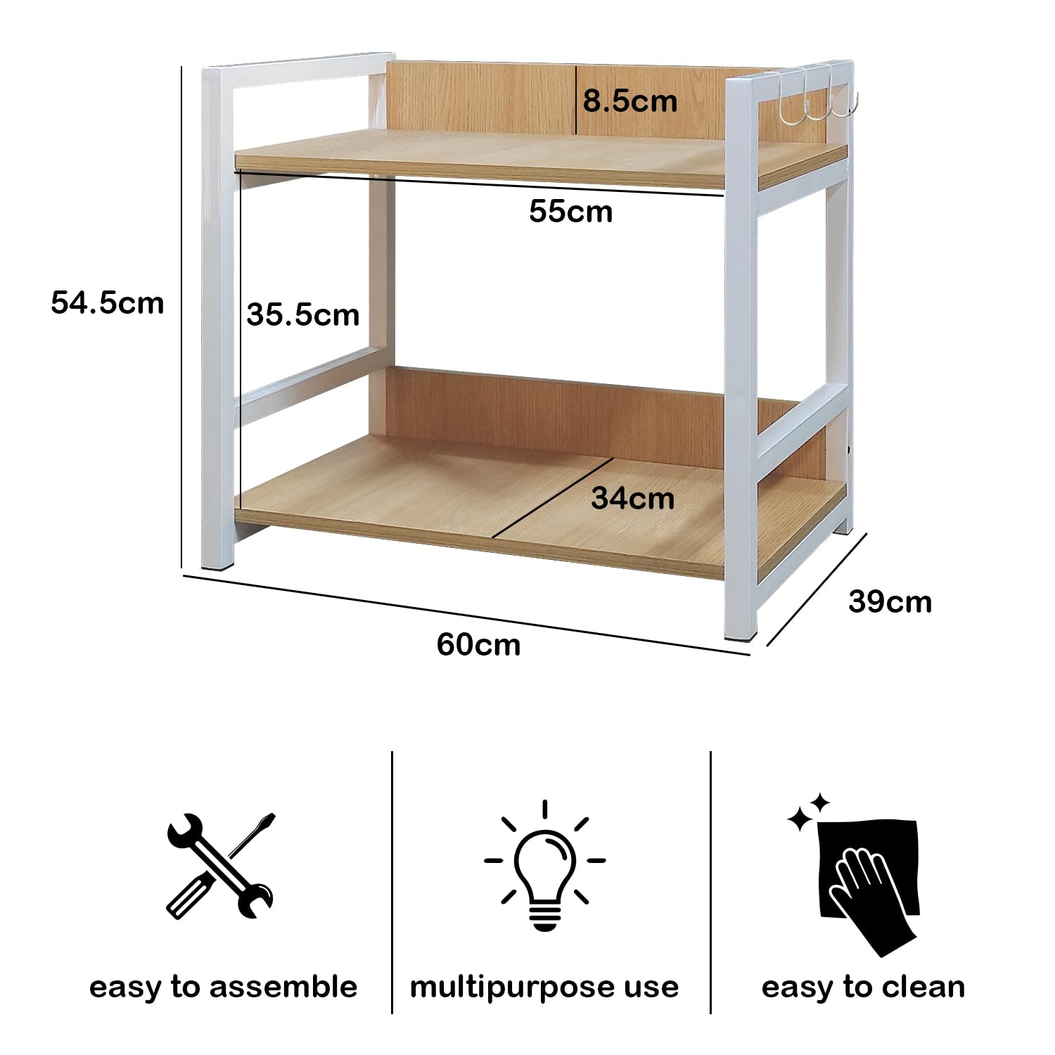 Lukzer 2-Tier Multipurpose Metal & Wood Kitchen Storage Rack (MKR-002/Oak Light with White)