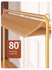 Lukzer Multi-Functional Cloth Rack Stand with Bottom Shelves & Wheels – Cat Ear Design (148x120x38cm, Black/Gold/White)