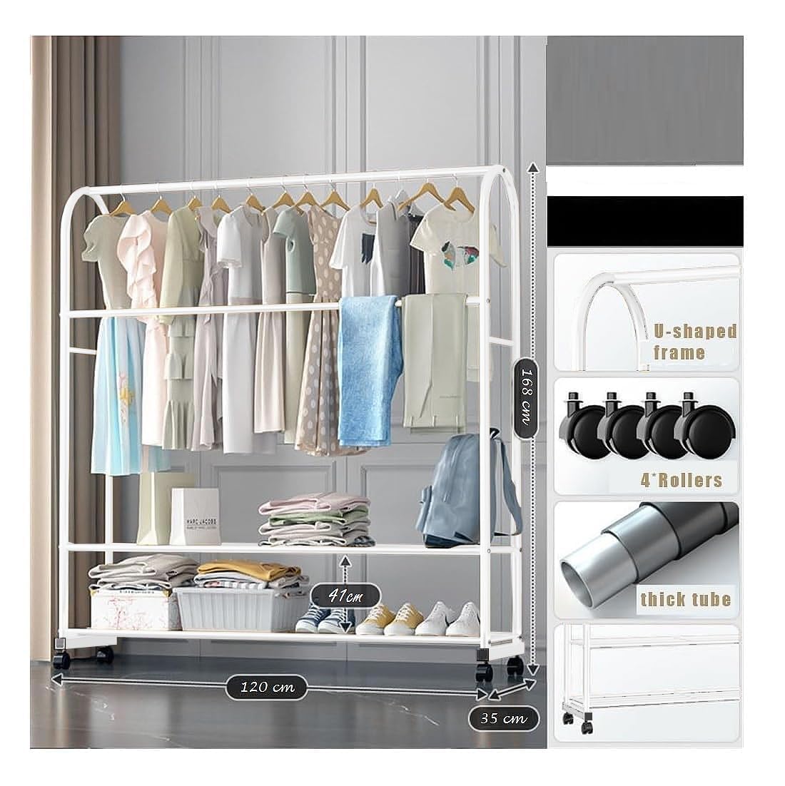 Lukzer Curved Metal Garment Stand with 2 Bottom Storage Shelves (CH-033/White)