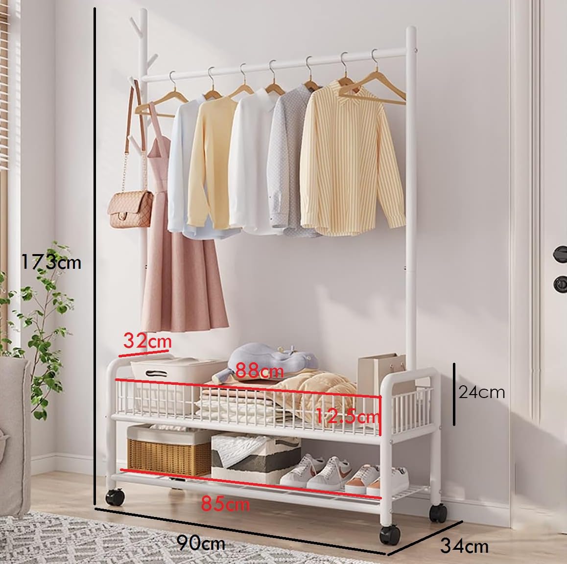Lukzer Heavy-Duty Portable Metal Clothes Rack with Double Rod & Bottom Shelf (MGR-002/White)