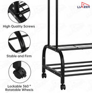 Lukzer Metal Garment Stand with 6 Shelves & Double Rods with Side Hooks & Wheels (MGS-008/Black)