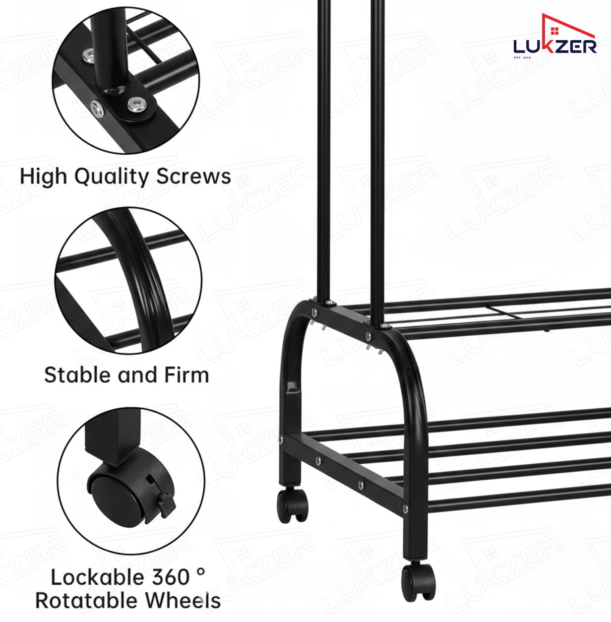 Lukzer Metal Garment Stand with 6 Shelves & Double Rods with Side Hooks & Wheels (MGS-008/Black)