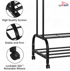 Lukzer Metal Garment Stand with 6 Shelves & Double Rods with Side Hooks & Wheels (MGS-008/Black)