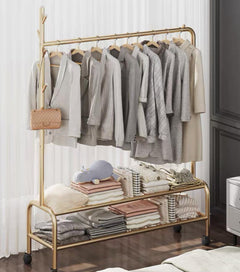 Lukzer Single Pole Portable Metal Garment Rack with 2 Bottom Shelves (MGR-008/Gold)