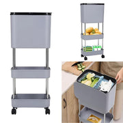 Lukzer 3-Tier Rolling Utility Cart with Trash Bin | Slim Plastic & Steel Organizer (PMR-007/Grey)