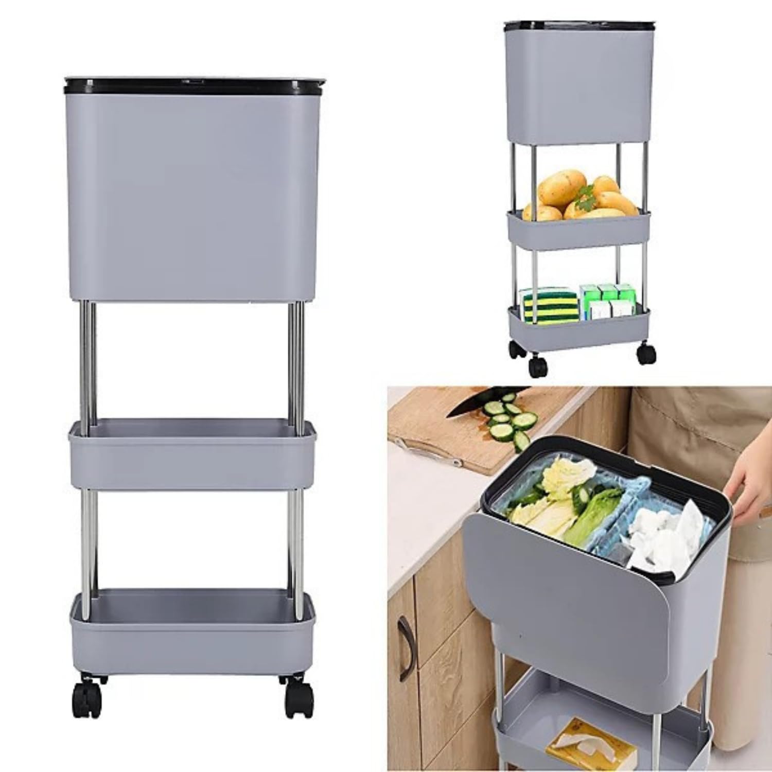 Lukzer 3-Tier Rolling Utility Cart with Trash Bin | Slim Plastic & Steel Organizer (PMR-007/Grey)
