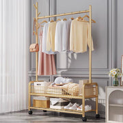 Lukzer Heavy-Duty Portable Metal Clothes Rack with Double Rod & Bottom Shelf (MGR-002/Gold)