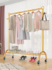 Lukzer Multi-Functional Cloth Rack Stand with Bottom Shelves & Wheels – Cat Ear Design (148x120x38cm, Black/Gold/White)