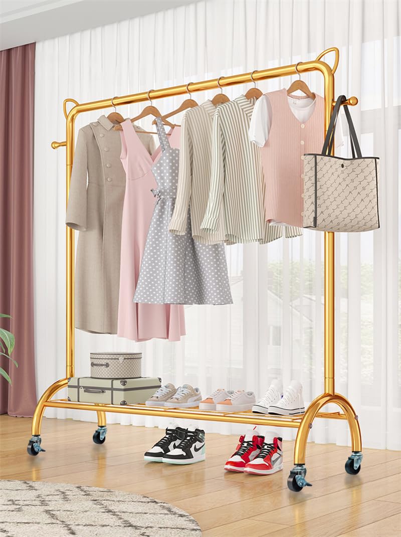 Lukzer Multi-Functional Cloth Rack Stand with Bottom Shelves & Wheels – Cat Ear Design (148x120x38cm, Black/Gold/White)