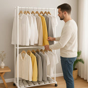 Lukzer Double-Pole Metal Multipurpose Clothes Organizer with Wheels (CGS-004/White)
