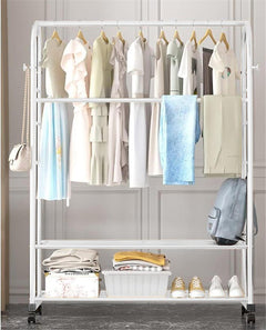 Lukzer Curved Metal Garment Stand with 2 Bottom Storage Shelves (CH-033/White)