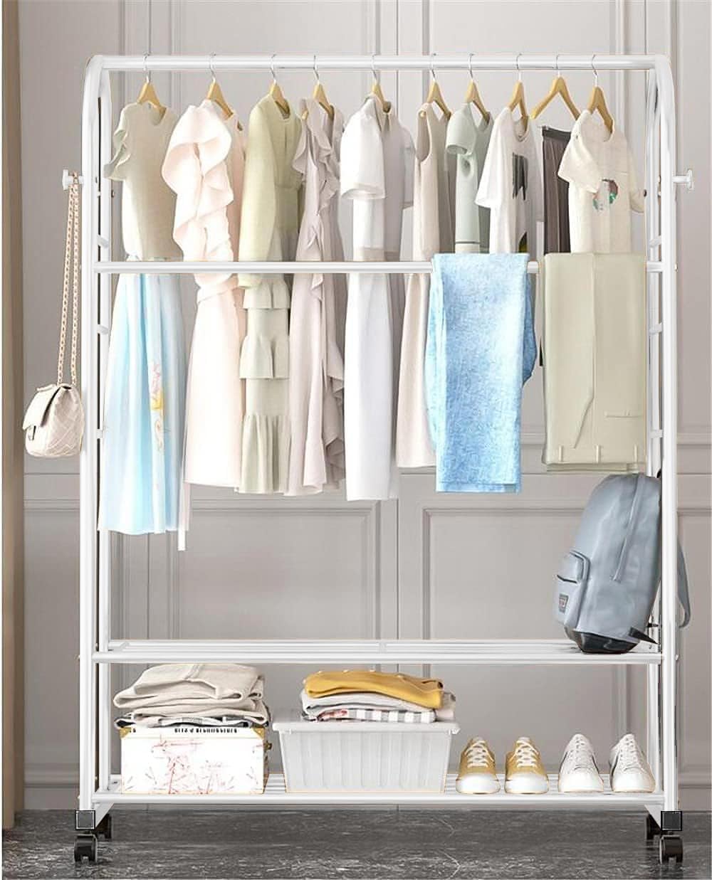 Lukzer Curved Metal Garment Stand with 2 Bottom Storage Shelves (CH-033/White)