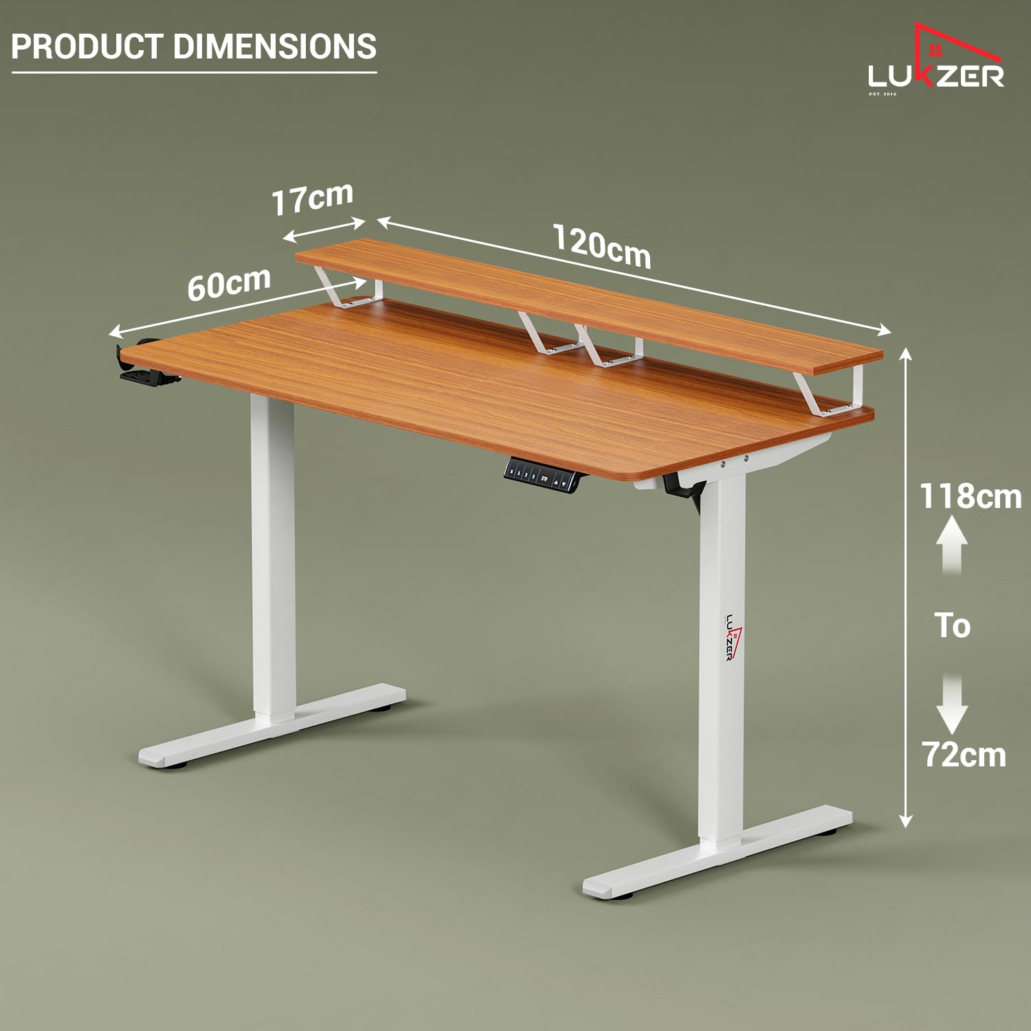 Lukzer Electric Height Adjustable Desk with Monitor Riser USB & Type-C Sit-Stand Table (EST-004-UC/White & Oak Brown) 3-Years Warranty