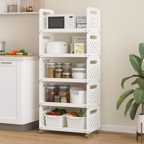 Lukzer 5-Tier Multipurpose Detachable Kitchen Storage Rack with Wheels (PMR-003/White)