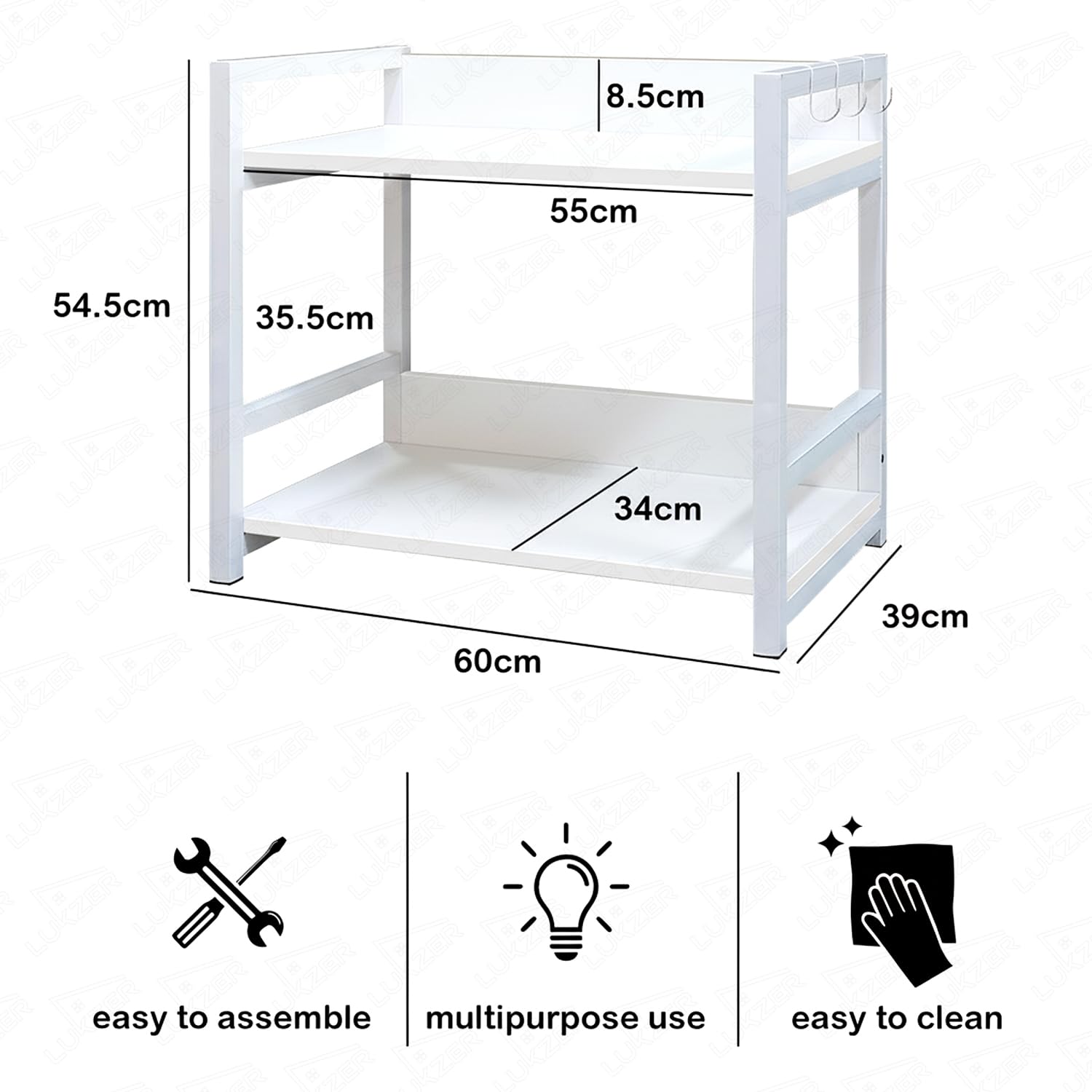 Lukzer 2-Tier Multipurpose Metal & Wood Kitchen Storage Rack (MKR-002/White & White)