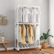 Lukzer Double-Pole Metal Multipurpose Clothes Organizer with Wheels (CGS-004/White)