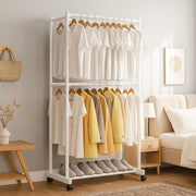 Lukzer Double-Pole Metal Multipurpose Clothes Organizer with Wheels (CGS-004/White)