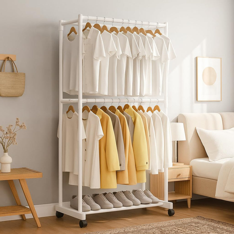 Lukzer Double-Pole Metal Multipurpose Clothes Organizer with Wheels (CGS-004/White)