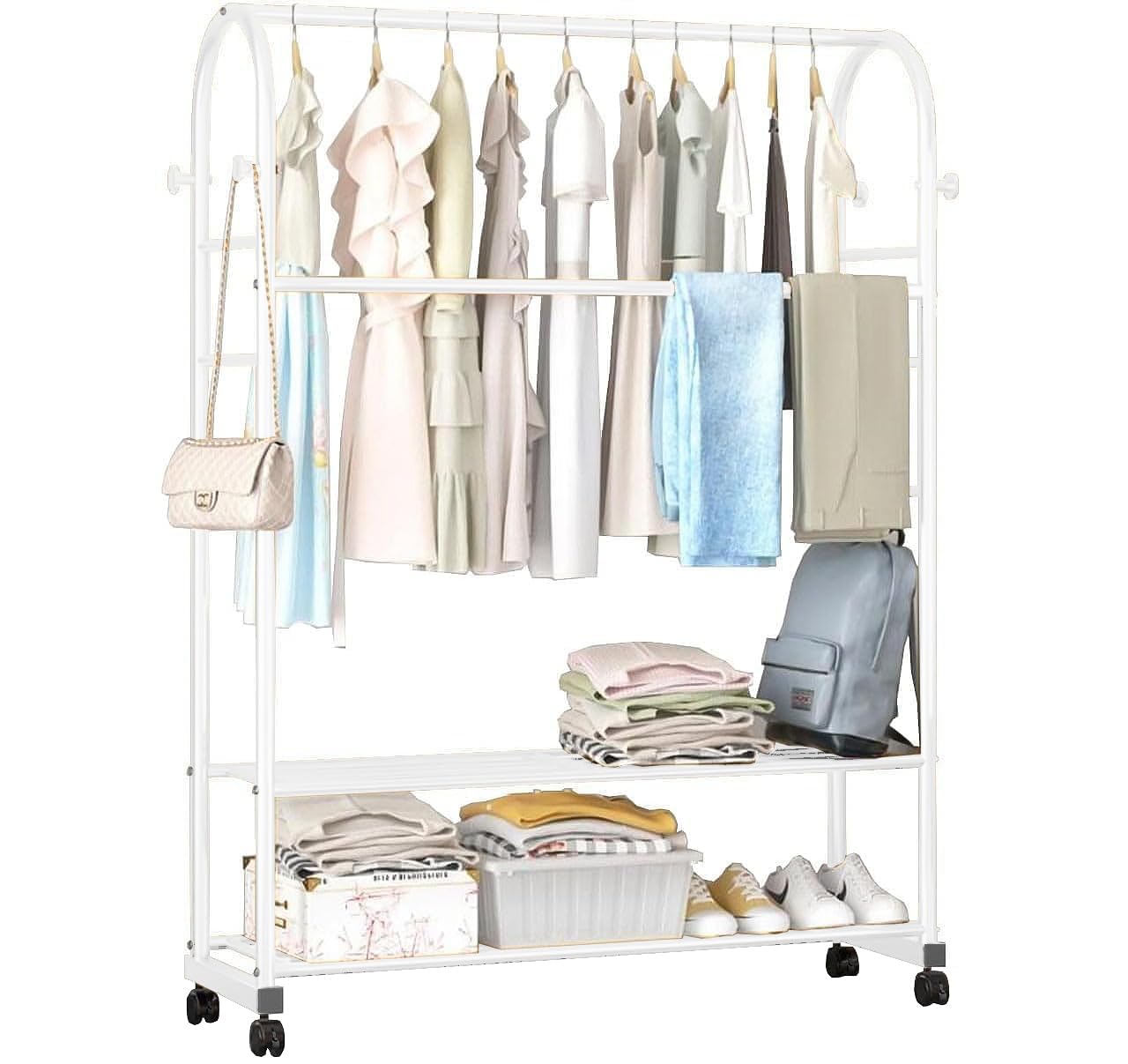 Lukzer Curved Metal Garment Stand with 2 Bottom Storage Shelves (CH-033/White)