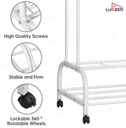 Lukzer Metal Garment Stand with 6 Shelves & Double Rods with Side Hooks & Wheels (MGS-008/White)