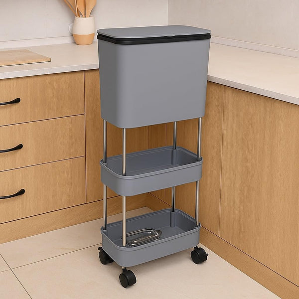 Lukzer 3-Tier Rolling Utility Cart with Trash Bin | Slim Plastic & Steel Organizer (PMR-007/Grey)
