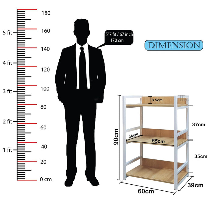 Lukzer 3-Tier Multipurpose Metal & Wood Kitchen Storage Rack (MKR-003/Oak Light with White)