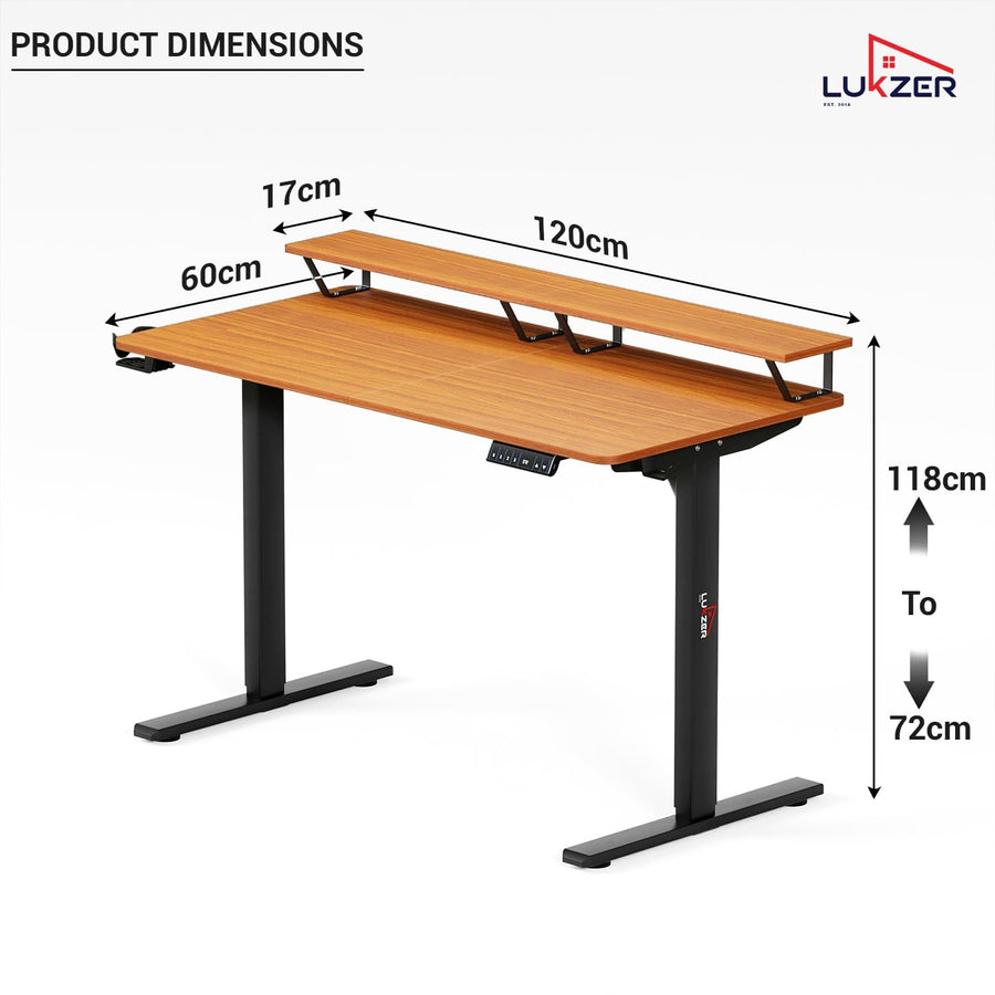 Lukzer Electric Height Adjustable Desk with Monitor Riser USB & Type-C Sit-Stand Table (EST-004-UC/Black & Oak Brown) 3-Years Warranty