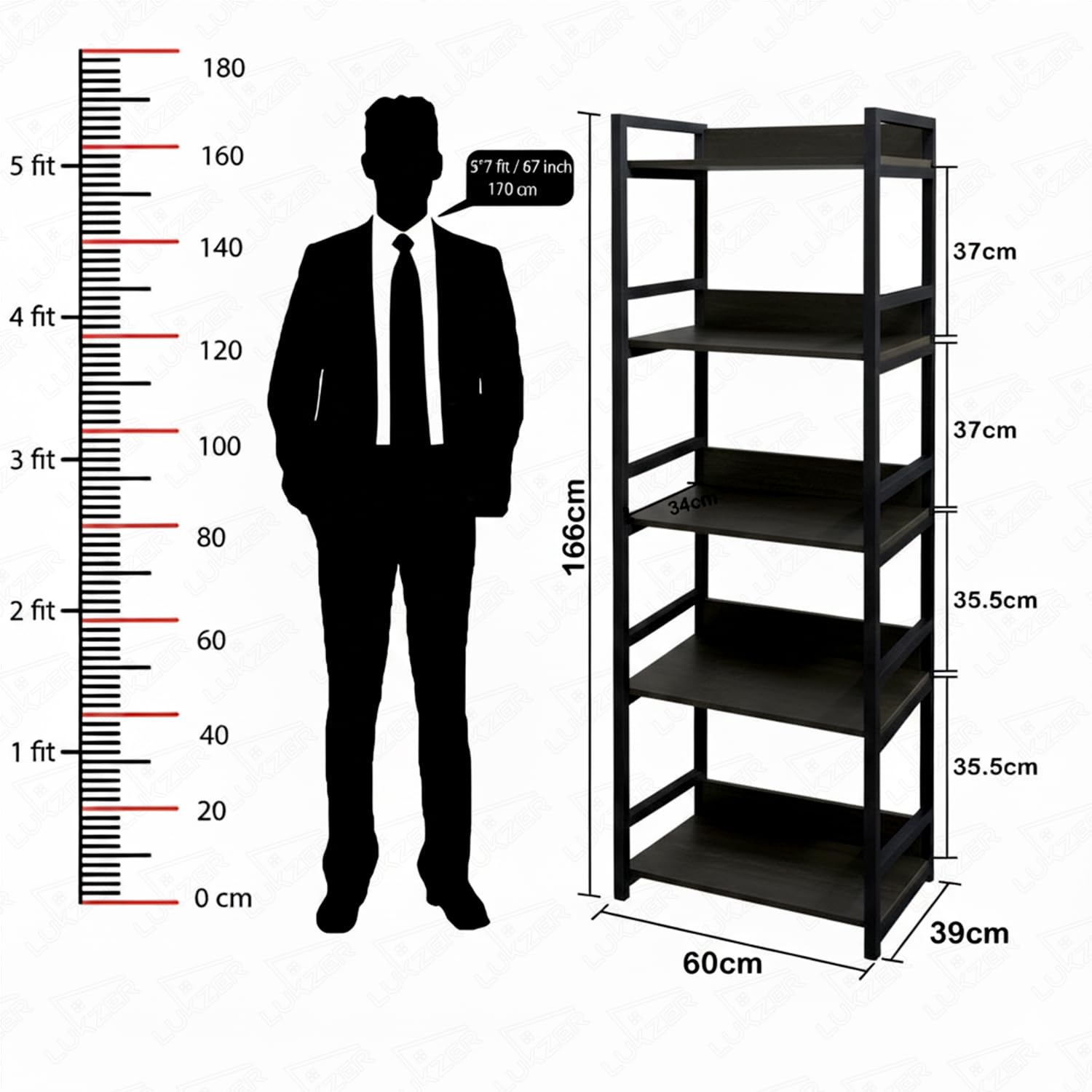 Lukzer 5-Tier Multipurpose Metal & Wood Kitchen Storage Rack (MKR-005/Black & Black)