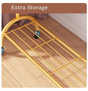 Lukzer Multi-Functional Cloth Rack Stand with Bottom Shelves & Wheels – Cat Ear Design (148x120x38cm, Black/Gold/White)