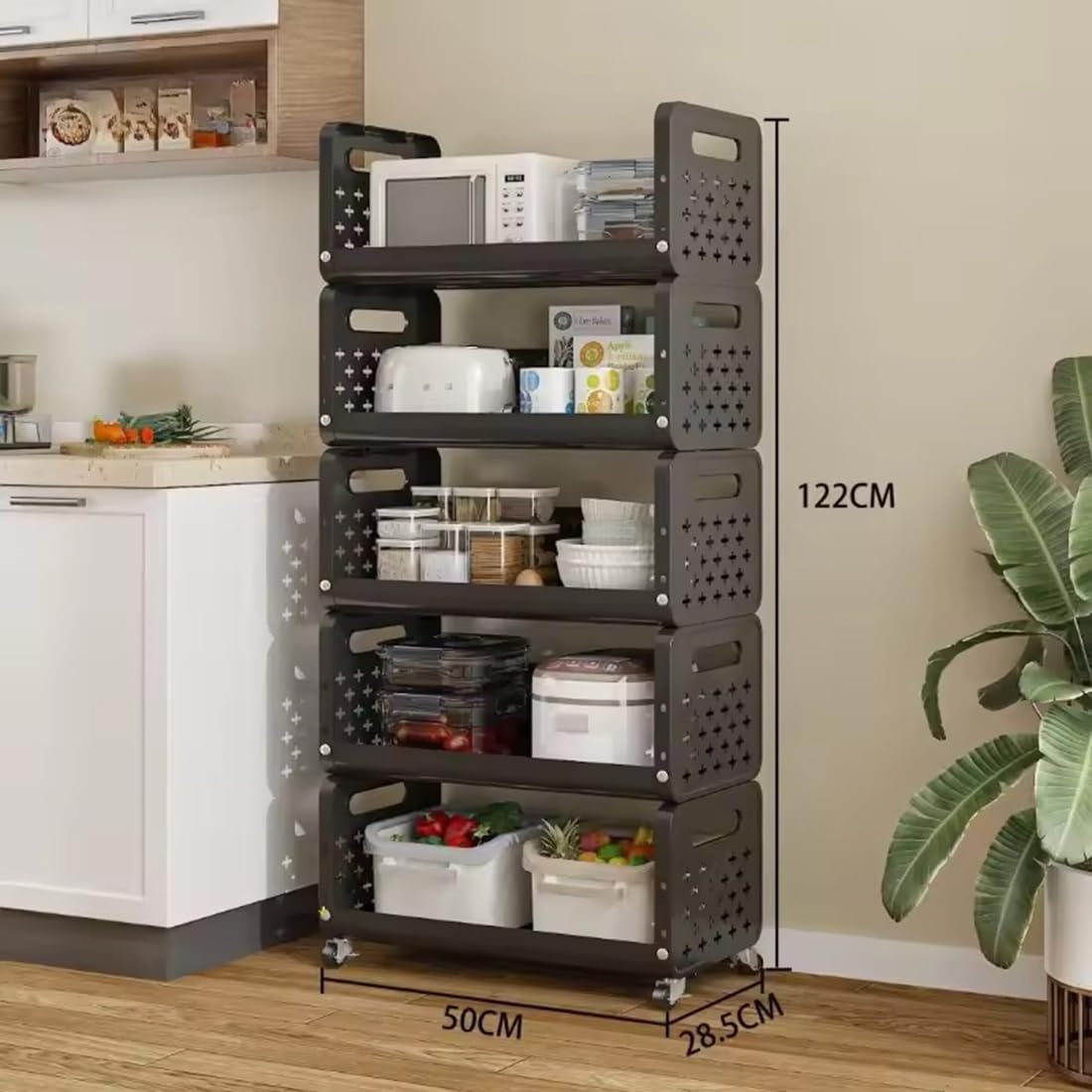 Lukzer 5-Tier Multipurpose Detachable Kitchen Storage Rack with Wheels (PMR-003/Black)