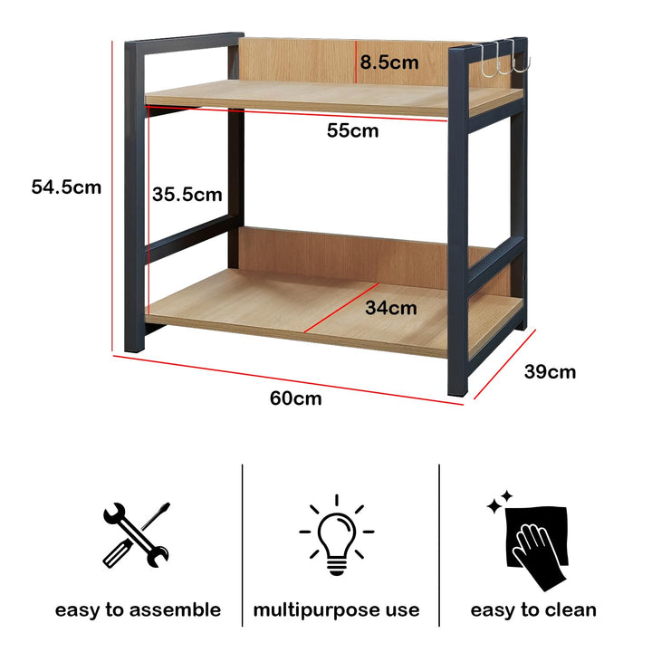 Lukzer 2-Tier Multipurpose Metal & Wood Kitchen Storage Rack (MKR-002/Oak Light with Black)