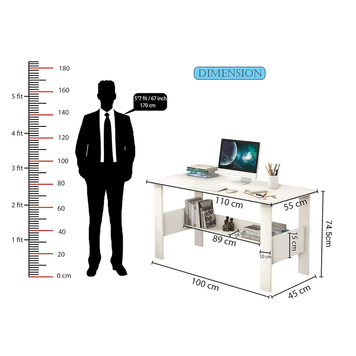 Lukzer Modern Computer Desk with Bookshelf Study Table Made with Engineered Wood (ST-005/White)