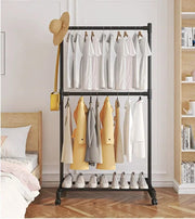 Lukzer Double-Pole Metal Multipurpose Clothes Organizer with Wheels (CGS-004/Black)