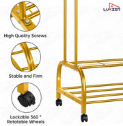 Lukzer Metal Garment Stand with 6 Shelves & Double Rods with Side Hooks & Wheels (MGS-008/Gold)