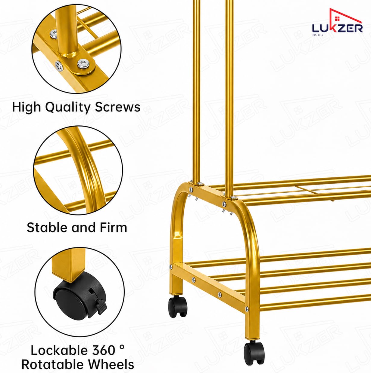 Lukzer Metal Garment Stand with 6 Shelves & Double Rods with Side Hooks & Wheels (MGS-008/Gold)
