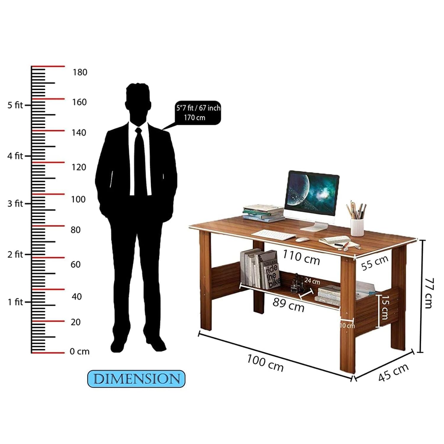 Lukzer Modern Computer Desk with Bookshelf Study Table Made with Engineered Wood (ST-005/Oak Brown)