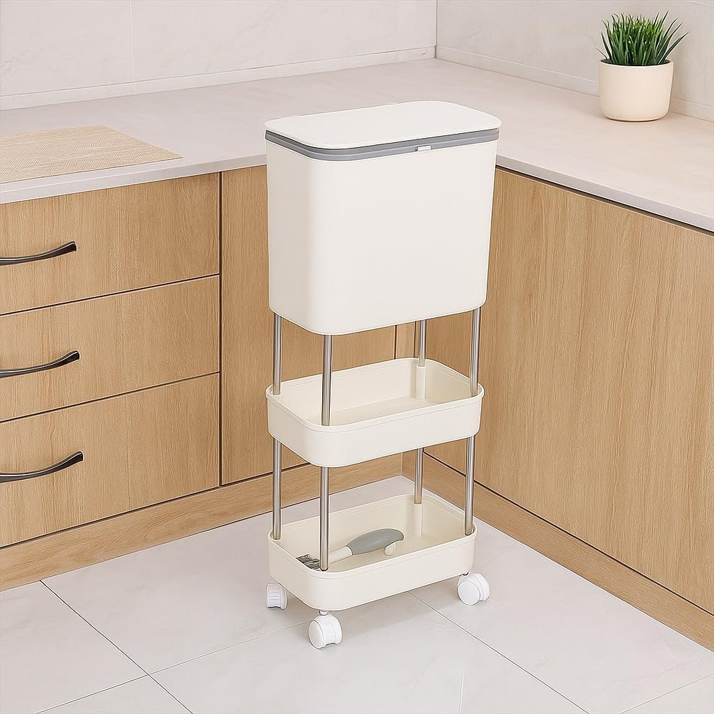 Lukzer 3-Tier Rolling Utility Cart with Trash Bin | Slim Plastic & Steel Organizer (PMR-007/White)