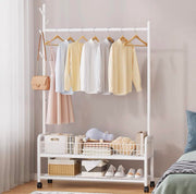 Lukzer Metal Single Rod Clothes Hanging Stand with Double Shelf & Lockable Wheels (MGR-004/White)
