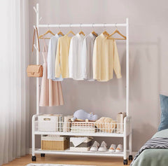 Lukzer Metal Single Rod Clothes Hanging Stand with Double Shelf & Lockable Wheels (MGR-004/White)