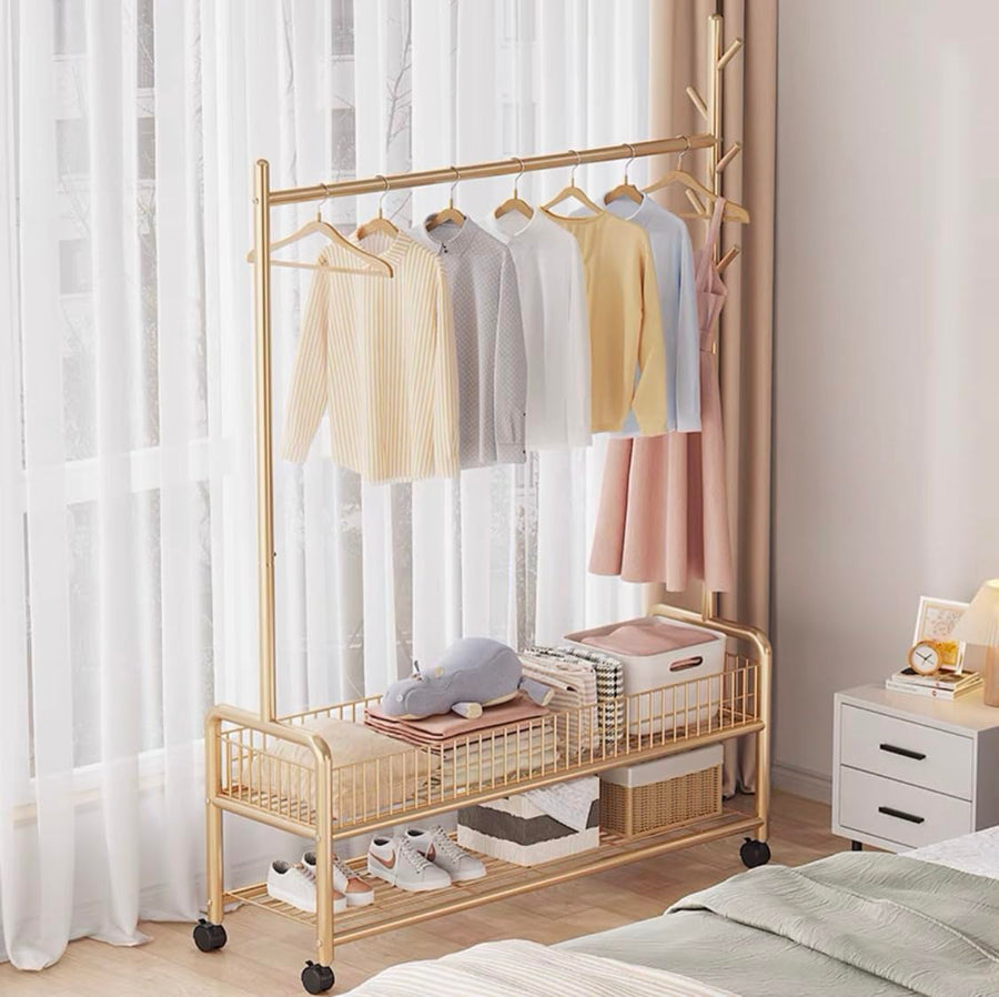 Lukzer Heavy-Duty Portable Metal Clothes Rack with Double Rod & Bottom Shelf (MGR-002/Gold)