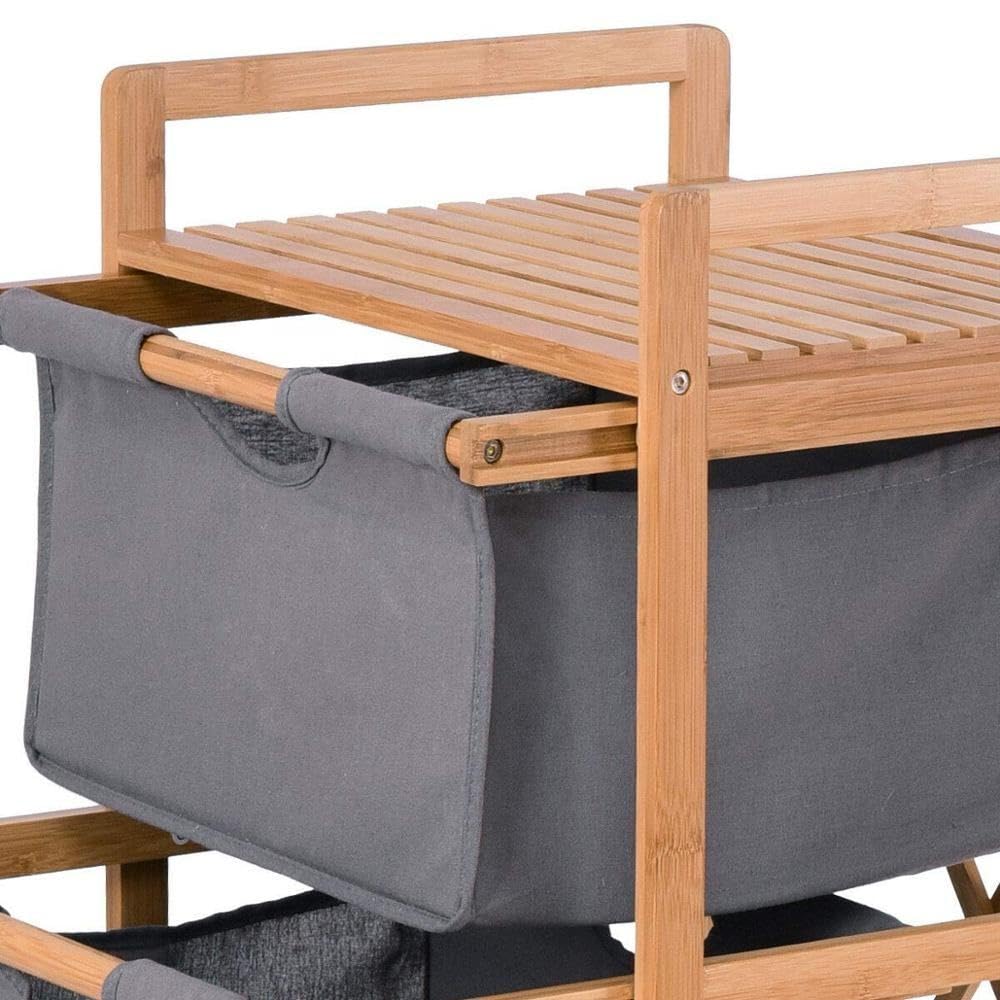 Lukzer 3 Layer Vertical Bamboo Storage Shelf with Removable Fabric Drawers (Grey/CH-011)