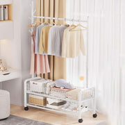 Lukzer Metal Single Rod Clothes Hanging Stand with Double Shelf & Lockable Wheels (MGR-004/White)