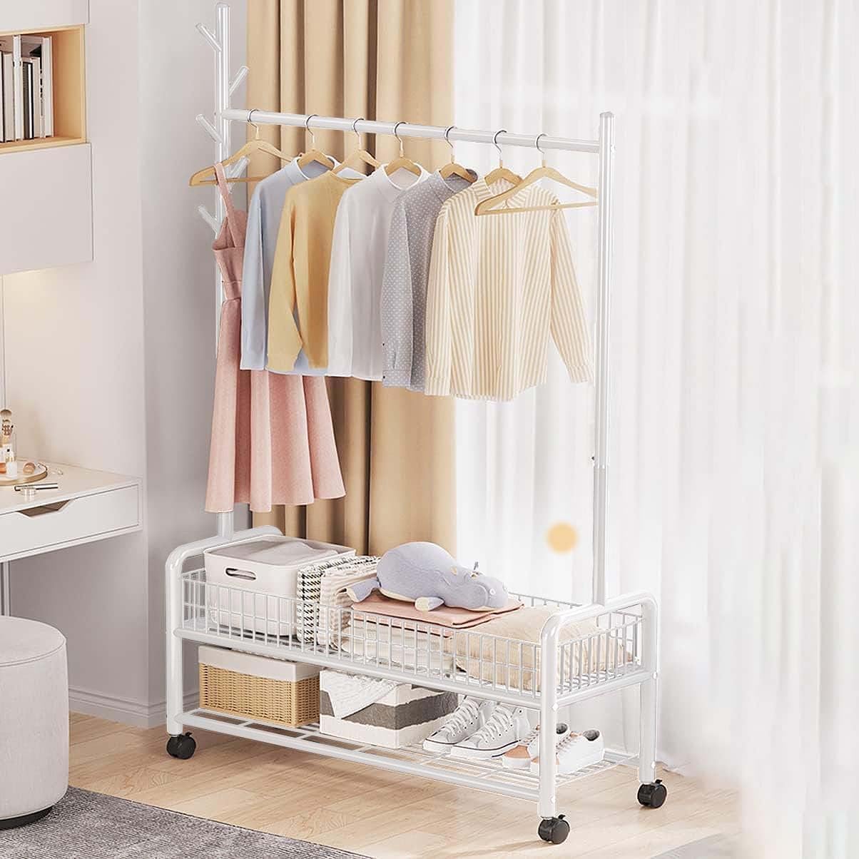 Lukzer Metal Single Rod Clothes Hanging Stand with Double Shelf & Lockable Wheels (MGR-004/White)