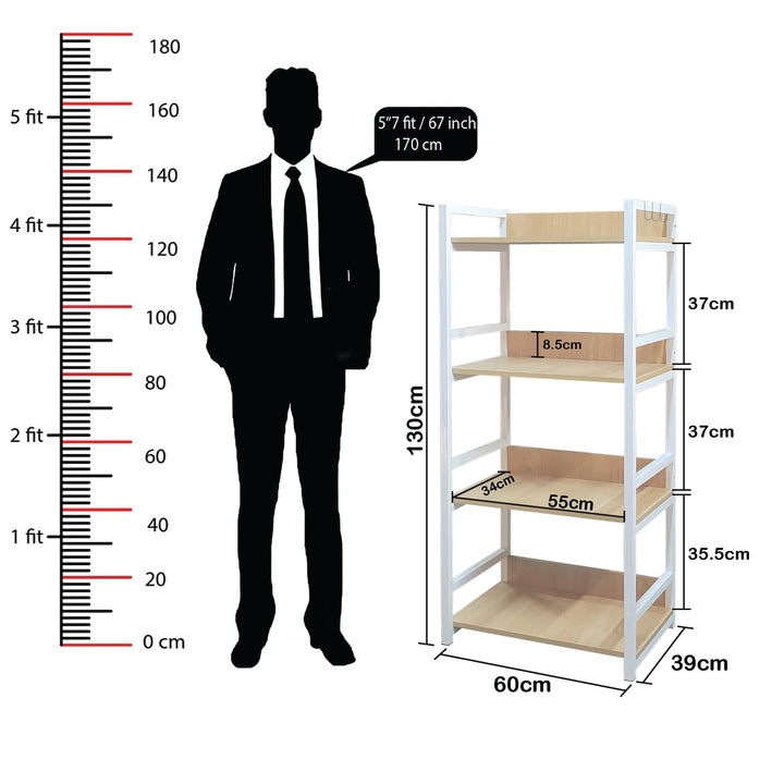 Lukzer 4-Tier Multipurpose Metal & Wood Kitchen Storage Rack (MKR-004/Oak Light with White)